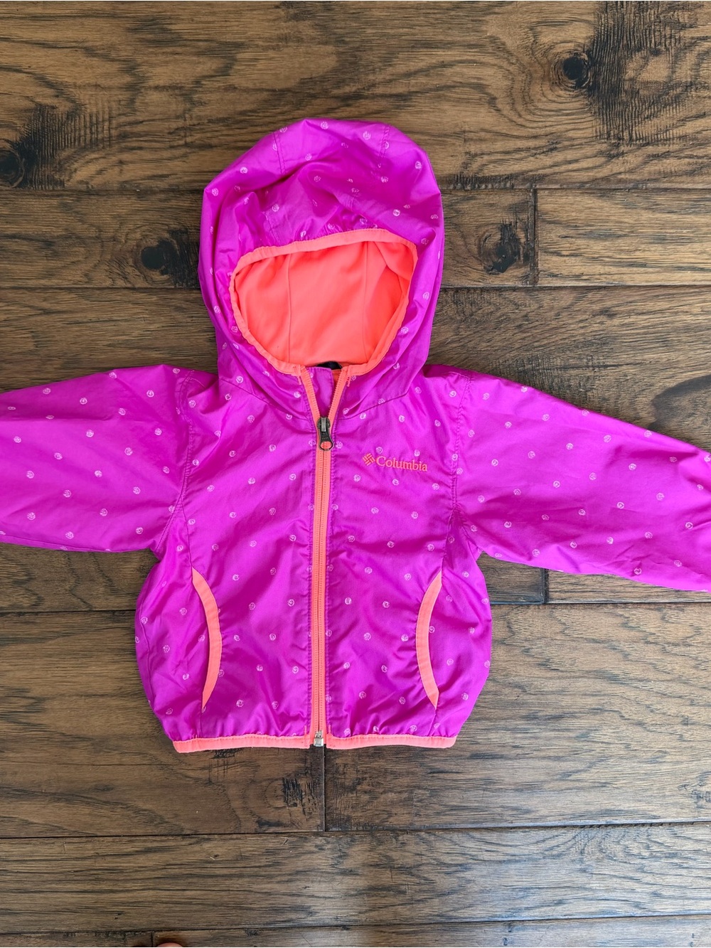 Columbia Girls' Bright Magenta Hooded Rain Jacket with Coral Trim